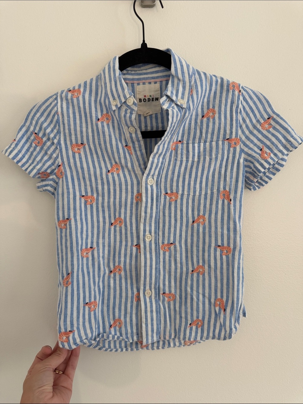 Mini Boden Blue White Striped Short Sleeve Button-Up Embroidered Shrimp Size 6-7
